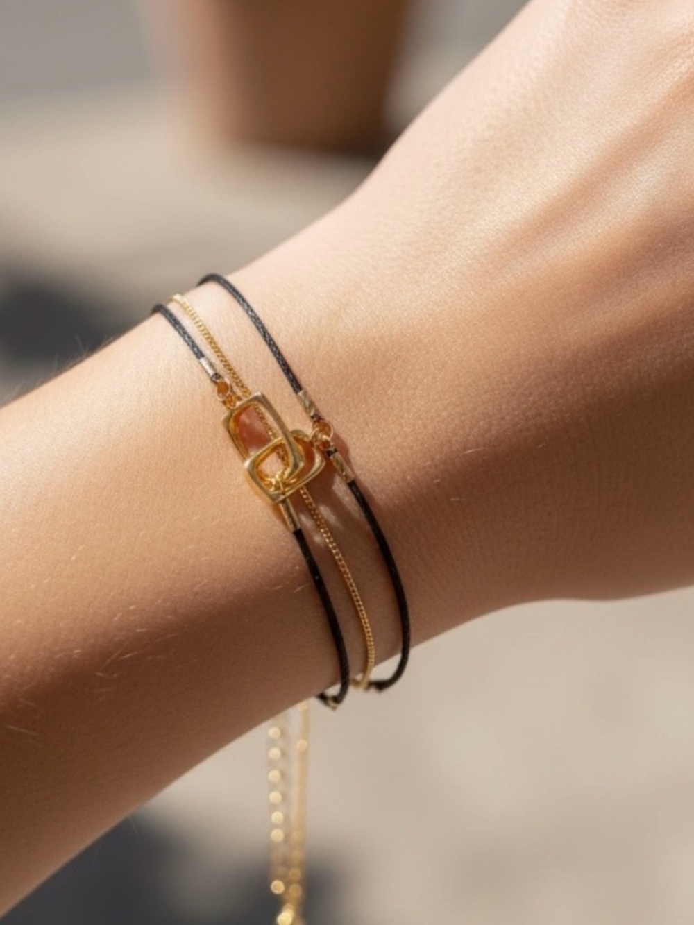 Gold Knot Accent Black Cord & Chain Bracelet - Women Jewelry